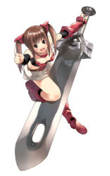 Rule 34 | 1girl, armor, blush, brown eyes, brown hair, giant sword, gigantic sword, huge weapon, looking at viewer, open mouth, original, simple background, smile, solo, sword, twintails, wakaba sprout, weapon, white background