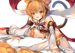 Rule 34 | 1girl, :d, andira (granblue fantasy), animal ears, bare shoulders, barefoot, beads, blonde hair, blurry, blush, breasts, cleavage, depth of field, detached pants, detached sleeves, diamond (shape), earclip, earrings, erune, eyes visible through hair, feet out of frame, fur, granblue fantasy, hagoromo, hair between eyes, hairband, highres, jewelry, leaning forward, leotard, looking at viewer, mayusaki yuu, monkey ears, monkey tail, open mouth, orange eyes, red eyes, sash, shawl, short hair, simple background, sitting, sky, small breasts, smile, solo, spread fingers, spread legs, tail, tassel, toes, two side up, v legs, white background, white leotard, wide sleeves