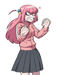 Rule 34 | 1girl, absurdres, anger vein, angry, black skirt, bocchi the rock!, clenched hands, commentary, commission, cube hair ornament, eddybird55555, english commentary, gotoh hitori, hair ornament, highres, jacket, long hair, long sleeves, pink hair, pink jacket, pleated skirt, simple background, skirt, solo, teeth, track jacket, trembling, v-shaped eyes, veins, veiny hands, white background