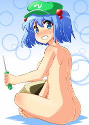 Rule 34 | 1girl, ass, back, backboob, barefoot, blue eyes, blue hair, blush, breasts, clenched teeth, crt, hair bobbles, hair ornament, hat, highres, kawashiro nitori, looking back, matching hair/eyes, moja (moja4192), monitor, nude, nudist, screwdriver, short hair, sitting, solo, teeth, touhou, twintails, two side up