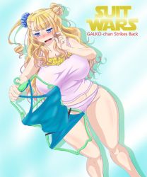 Rule 34 | 10s, 1girl, asymmetrical hair, blue eyes, blush, brand name imitation, breasts, cameltoe, camisole, clothes hanger, curvy, galko, gradient background, hair bun, highres, huge breasts, long hair, makkuro rokusuke, one side up, oshiete! galko-chan, panties, pink panties, scrunchie, side bun, single side bun, solo, star wars, thick thighs, thighs, underwear