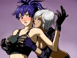 Rule 34 | 2girls, angel (kof), bare shoulders, black gloves, blue eyes, blue hair, blush, grabbing another&#039;s breast, breasts squeezed together, breasts, cleavage, cropped jacket, dark skin, dark-skinned female, fingerless gloves, gloves, grabbing, grabbing from behind, hair over one eye, large breasts, leona heidern, multiple girls, sabi saotome, short hair, snk, tank top, the king of fighters, tongue, tongue out, white hair, yuri