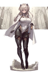 Rule 34 | 1girl, black footwear, black gloves, black pants, blue eyes, boots, breasts, cape, closed mouth, full body, gloves, grey hair, headgear, highres, large breasts, looking at viewer, original, pants, simple background, solo, standing, suzuno (bookshelf), sword, thigh boots, weapon, white background, white cape