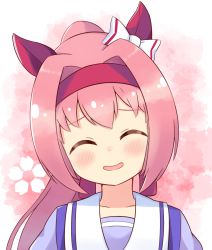 Rule 34 | ^ ^, animal ears, blush, bow, closed eyes, collarbone, commentary, ear bow, ear covers, facing viewer, haru urara (umamusume), headband, highres, horse ears, ixia (ixia424), long hair, open mouth, pink background, pink hair, ponytail, portrait, purple shirt, red headband, sailor collar, school uniform, serafuku, shirt, smile, solo, symbol-only commentary, tracen school uniform, umamusume, white background, white bow, white sailor collar