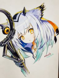 Rule 34 | 1girl, :/, arknights, blue hair, bright pupils, disembodied hand, furrowed brow, gloves, gradient hair, hair ribbon, highres, holding, holding staff, light blue hair, looking at viewer, medium request, multicolored hair, orange ribbon, owl ears, photo (medium), portrait, ptilopsis (arknights), ribbon, signature, slight frown, solo, staff, team moka, traditional media, white hair, white pupils