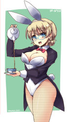 Rule 34 | 10s, 1girl, animal ears, bespectacled, blonde hair, blue eyes, bow, bowtie, braid, breasts, cleavage, coattails, cup, darjeeling (girls und panzer), detached collar, fake animal ears, fishnet pantyhose, fishnets, girls und panzer, glasses, jacket, large breasts, long hair, open mouth, pantyhose, playboy bunny, rabbit ears, rabbit tail, shinshin, smile, solo, standing, tail, teacup, teapot, wrist cuffs