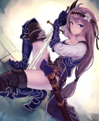 Rule 34 | 10s, 1girl, armor, armored boots, bad id, bad pixiv id, blonde hair, blue eyes, boots, breasts, cleavage, collarbone, dutch angle, flower, gauntlets, granblue fantasy, hair flower, hair ornament, hairband, holding, holding sword, holding weapon, jeanne d&#039;arc (granblue fantasy), kneeling, lily (flower), long hair, long legs, low-tied long hair, on one knee, ryuinu, solo, sword, thigh boots, thighhighs, thighs, unsheathed, weapon