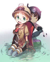 Rule 34 | 1boy, 1girl, :d, bandages, belt, black shorts, blonde hair, brown hair, bucket hat, closed mouth, dark skin, forehead, green eyes, grey-framed eyewear, grey thighhighs, hair between eyes, hat, helmet, highres, holding, holding umbrella, jacket, legs together, low twintails, made in abyss, mechanical arms, newey, open clothes, open jacket, open mouth, pond, regu (made in abyss), riko (made in abyss), ripples, safari jacket, semi-rimless eyewear, short shorts, shorts, sitting, smile, tareme, thick eyebrows, thighhighs, twintails, umbrella, under-rim eyewear, yellow eyes
