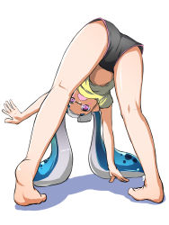 Rule 34 | 1girl, ass, barefoot, bent over, bike shorts, black shorts, blue hair, blunt bangs, blush, dolphin shorts, gym shorts, heel up, highres, inkling, inkling girl, inkling player character, kneepits, legs, light blush, long hair, looking at viewer, looking through own legs, nintendo, open mouth, pointy ears, purple eyes, shadow, shirt, short shorts, shorts, simple background, solo, splatoon (series), standing, tentacle hair, toraneko555, white background, yellow shirt