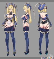 Rule 34 | 1girl, artist name, protagonist (pso2), ayamo kaoru, black gloves, blonde hair, blue footwear, blue headwear, blue skirt, blue thighhighs, breasts, character sheet, cleavage, cleavage cutout, clothing cutout, collarbone, commentary request, commission, covered navel, elbow gloves, fingerless gloves, flower, from behind, from side, full body, gloves, gold trim, grey background, hair between eyes, high heels, highleg, highleg leotard, highres, large breasts, leotard, long hair, long sleeves, looking at viewer, multiple views, numako (pizza kanon), original, parted lips, phantasy star, phantasy star online 2, pleated skirt, pointy ears, red eyes, second-party source, sidelocks, skeb commission, skirt, tassel, thighhighs, two side up, white leotard, wide sleeves