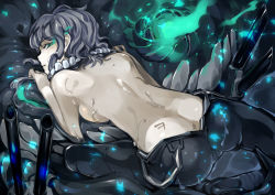Rule 34 | 10s, 1girl, abyssal ship, ass, back, bare back, breast press, breasts, green eyes, grey hair, kantai collection, looking at viewer, looking back, short hair, sideboob, solo, super zombie, wet, wo-class aircraft carrier
