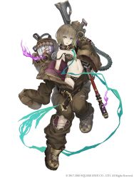 Rule 34 | 1girl, absurdres, aqua eyes, belt, bob cut, boots, brown hair, collar, flat chest, full body, gas mask, gretel (sinoalice), hansel (sinoalice), highres, ji no, jumpsuit, looking at viewer, male focus, mask, navel, official art, oversized clothes, short hair, sinoalice, sleeves past wrists, solo, square enix, teeth, torn clothes, underwear, upper teeth only, white background