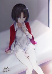 Rule 34 | 1girl, absurdres, arm at side, bed, bee doushi, black hair, blue eyes, collarbone, collared shirt, dated, dress shirt, feet out of frame, highres, holding, holding spoon, indoors, jacket, jacket on shoulders, kara no kyoukai, knees together feet apart, left-handed, long sleeves, looking at viewer, no pants, on bed, open clothes, open jacket, pantyhose, parted bangs, plate, red jacket, ryougi shiki, shirt, short hair, signature, solo, spoon, thigh gap, white pantyhose, white shirt, wing collar