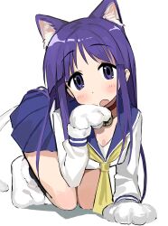 1girl animal_ears animal_hands bfmelu blush cat_ears cat_tail gloves highres hinata_yukari long_hair paw_gloves pleated_skirt purple_hair school_uniform serafuku skirt socks solo tail yuyushiki