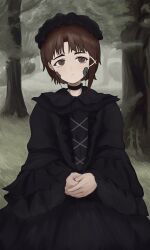 Rule 34 | 1girl, absurdres, alternate costume, asymmetrical hair, black choker, black dress, black hairband, brown eyes, brown hair, choker, commentary, dress, english commentary, expressionless, facial mark, forest, goth fashion, gothic lolita, hair ornament, hairband, highres, iwakura lain, lolita fashion, lolita hairband, luce65535, nature, own hands together, serial experiments lain, short hair, single sidelock, solo, tree, x hair ornament