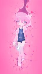 Rule 34 | 1girl, :3, blue one-piece swimsuit, commentary request, covered navel, detached sleeves, digital media player, earphones, highres, ipod, jacket, kneehighs, one-piece swimsuit, original, pink eyes, pink hair, pink jacket, school swimsuit, short hair, socks, solo, swimsuit, toumei tou