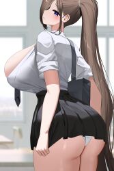 Rule 34 | 1girl, :3, absurdres, ass, bag, black skirt, blue eyes, blurry, blurry background, blush, breast pocket, breasts, brown hair, chair, classroom, cleavage, closed mouth, collared shirt, commentary request, day, desk, fang, head tilt, highres, huge breasts, indoors, long hair, necktie, nicorima, original, panties, pleated skirt, pocket, ponytail, school bag, school chair, school desk, school uniform, shirt, shirt tucked in, short sleeves, skirt, solo, standing, tented shirt, thick thighs, thighs, underbutt, underwear, very long hair, white panties, white shirt, window