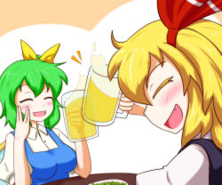 Rule 34 | 2girls, :d, ^ ^, alcohol, beer, blonde hair, blue dress, blush, bow, breasts, closed eyes, collared shirt, colored eyelashes, commentary request, cup, daiyousei, dress, drunk, eyelashes, fairy wings, fang, green hair, hair bow, happy, holding, konokiya, mug, multiple girls, open mouth, plate, puffy short sleeves, puffy sleeves, rumia, shirt, short sleeves, sideways mouth, simple background, sitting, smile, table, touhou, vest, white background, wings