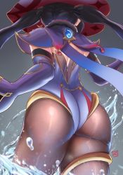Rule 34 | 1girl, ass, ass focus, cape, detached sleeves, elbow gloves, finalcake, from behind, from below, genshin impact, gloves, hair ribbon, hat, highres, huge ass, hydro (genshin impact), leotard, long hair, mona (genshin impact), pantyhose, purple hair, ribbon, shiny clothes, solo, thighlet, twintails, very long hair, vision (genshin impact), water