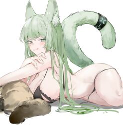 Rule 34 | 1girl, :q, animal ear fluff, animal ears, arknights, black bra, black panties, blush, bra, breasts, cat, cat ears, cat tail, closed mouth, commentary, english commentary, from side, gnai, green eyes, green hair, hand on own arm, harmonie (arknights), highres, infection monitor (arknights), large breasts, large tail, licking lips, lingerie, long hair, looking at viewer, looking to the side, lying, naughty face, on stomach, panties, panty pull, seductive smile, sideways glance, smile, solo, tail, tail raised, thighs, tongue, tongue out, underwear, underwear only