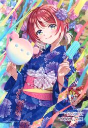 Rule 34 | 1girl, absurdres, bag, blush, character request, cotton candy, fingernails, flower, food, green eyes, hair ornament, head tilt, highres, holding, holding food, idolmaster, idolmaster va-liv, japanese clothes, kimono, lips, long sleeves, looking at viewer, morikura en, multicolored hair, obi, popsicle, red hair, sash, scan, short twintails, simple background, smile, tongue, tongue out, twintails, two-tone hair, white hair