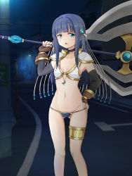 Rule 34 | 1girl, armor, axe, bikini, bikini armor, blue eyes, blue hair, blunt bangs, breasts, brown gloves, choker, elbow gloves, fingerless gloves, gilcrows, gloves, gluteal fold, groin, hand on own hip, highres, huge weapon, legs, long hair, lowleg, lowleg bikini, magia record: mahou shoujo madoka magica gaiden, mahou shoujo madoka magica, metal bikini, nanami yachiyo, navel, night, open mouth, outdoors, pauldrons, shoulder armor, small breasts, solo, swimsuit, thigh gap, thighlet, thighs, weapon