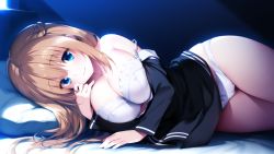 Rule 34 | 1girl, bed sheet, black shirt, black skirt, blouse, blue eyes, bow, bow panties, bra, braid, breasts, brown hair, butterfly seeker, cleavage, closed mouth, clothes lift, clothes pull, crown braid, curvy, double horizontal stripe, frilled bra, frills, game cg, hatori piyoko, large breasts, long hair, long sleeves, looking at viewer, lying, on bed, on side, panties, pillow, school uniform, shirt, shirt pull, skirt, skirt lift, smile, solo, strap slip, tendou yui, thighs, underwear, white bra, white panties, wide hips