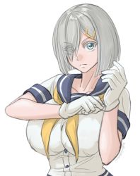 Rule 34 | 1girl, blue eyes, breasts, commentary request, gloves, hair ornament, hair over one eye, hairclip, hamakaze (kancolle), impossible clothes, kantai collection, large breasts, looking at viewer, neckerchief, school uniform, serafuku, short hair, silver hair, simple background, solo, sozan, white background, white gloves, yellow neckerchief
