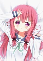 Rule 34 | 1girl, arm up, bed sheet, blue sailor collar, blush, commentary request, deyui, green ribbon, hair between eyes, hair ornament, koisuru asteroid, long hair, long sleeves, looking at viewer, neck ribbon, parted lips, pinching sleeves, purple eyes, red hair, ribbon, sailor collar, sakurai chikage, sidelocks, sleeves past wrists, solo, upper body, very long hair, white sailor collar
