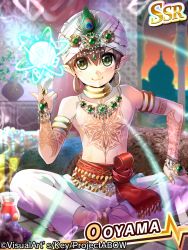 Rule 34 | 10s, 1boy, angel beats!, brown hair, genie, green eyes, indian style, male focus, ooyama (angel beats!), orb, peacock feather, pointy ears, remotaro, short hair, sitting, solo, tattoo, turban