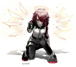 Rule 34 | 1girl, absurdres, aiming, aiming at viewer, arknights, black pantyhose, character name, exusiai (arknights), fingerless gloves, gloves, glowing, glowing wings, gun, halo, highres, hood, hooded jacket, jacket, k610twins, pantyhose, red eyes, red hair, serious, shoes, short hair, sleeves rolled up, solo, squatting, weapon, wings