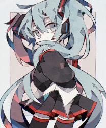 Rule 34 | 1girl, absurdres, aqua hair, black skirt, black sleeves, black thighhighs, closed mouth, commentary, cowboy shot, grey eyes, hair between eyes, hair in own mouth, hair ornament, hands up, hatsune miku, headphones, highres, holding own hair, lace, lace-trimmed shirt, lace trim, long sleeves, looking at viewer, miniskirt, pleated skirt, shirt, skirt, sleeves past wrists, solo, soresaki, thighhighs, twintails, vocaloid, white shirt, zettai ryouiki