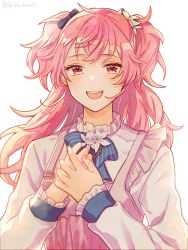 Rule 34 | 1girl, bow, frilled sleeves, frills, hair bow, hands on own chest, highres, long hair, long sleeves, momoi airi, open mouth, pink hair, project sekai, red eyes, smile, solo, tookamen, two side up, white background