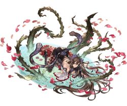 Rule 34 | 10s, 1girl, all fours, argyle, argyle clothes, argyle legwear, ass, breasts, brown hair, elbow gloves, floating hair, flower, full body, gloves, granblue fantasy, large breasts, leaf, long hair, magic circle, minaba hideo, official art, own hands together, petals, rose, rosetta (granblue fantasy), smile, solo, thighhighs, thorns, transparent background, very long hair
