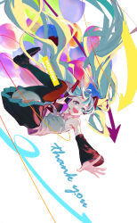 Rule 34 | 1girl, absurdly long hair, absurdres, aqua eyes, aqua hair, arrow (symbol), balloon, bare shoulders, black footwear, black skirt, black thighhighs, chinese commentary, commentary request, detached sleeves, facing viewer, falling, hatsune miku, highres, long hair, looking ahead, necktie, open mouth, pleated skirt, shirt, shoes, skirt, smile, solo, thank you, thighhighs, thighs, twintails, user jmft3285, very long hair, vocaloid, white necktie, white shirt