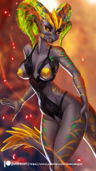 Rule 34 | 1girl, alanscampos, black sclera, black skin, body markings, breasts, claws, colored sclera, colored skin, glasses, highres, horns, kulve taroth, lingerie, looking at viewer, monster girl, monster hunter, monster hunter: world, monster hunter (series), navel, nipples, orange eyes, personification, pussy, solo, sparkle, thighs, underwear