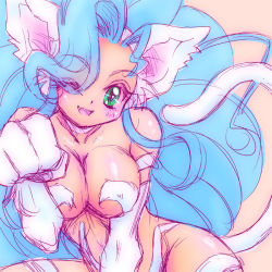 Rule 34 | 1girl, :3, animal ears, animal hands, big hair, blue hair, breast press, breasts, breasts squeezed together, capcom, cat ears, cat tail, felicia (vampire), green eyes, hair over one eye, kisaragi miyuki, long hair, one eye closed, paw pose, sketch, solo, tail, vampire (game), wink
