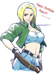 Rule 34 | 1girl, belt, blonde hair, blue eyes, blue mary, breasts, cleavage, fatal fury, fingerless gloves, gloves, highres, jacket, large breasts, light smile, medium breasts, midriff, navel, snk, solo