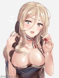 Rule 34 | 1girl, areola slip, blonde hair, blue eyes, blush, breasts, candy, chocolate, chocolate heart, food, gradient background, hair between eyes, heart, juurouta, kantai collection, large breasts, long hair, looking at viewer, mole, mole under eye, mole under mouth, multicolored clothes, nipple slip, nipples, open mouth, richelieu (kancolle), solo