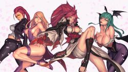 Rule 34 | 4girls, amputee, animal print, arc system works, backless dress, backless outfit, baiken, bare shoulders, bat print, bat wings, belt, blonde hair, blue eyes, bracelet, braid, breast hold, breasts, bridal gauntlets, capcom, choker, cleavage, cocktail dress, collared shirt, crimson viper, demon girl, dress, earrings, facial tattoo, fatal fury, fingerless gloves, from side, garou: mark of the wolves, glasses, gloves, green eyes, green hair, guilty gear, halterneck, head wings, highres, jacket, japanese clothes, jenet behrn, jewelry, kataginu, katana, kimono, large breasts, leotard, licking lips, lips, long hair, low wings, morrigan aensland, multiple girls, obi, one-eyed, open clothes, open kimono, panties, pantyhose, pink hair, platinum disco, pompadour, print legwear, purple legwear, red hair, red ribbon, revealing clothes, ribbon, sash, scar, scar across eye, scar on face, sheath, shirt, sideboob, sleeveless, sleeveless dress, snk, street fighter, sunglasses, sword, tattoo, the king of fighters, thigh strap, thighs, tongue, tongue out, underwear, vampire (game), weapon, wings