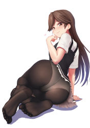 Rule 34 | 1girl, arashio (kancolle), arashio kai ni (kancolle), ass, black dress, black pantyhose, blouse, brown eyes, brown hair, commentary request, dress, feet, female focus, from behind, full body, heart, highres, kantai collection, long hair, looking at viewer, looking back, moose (moosemitchell2), no shoes, panties, panties under pantyhose, pantyhose, pinafore dress, shirt, short sleeves, simple background, sleeveless, sleeveless dress, smile, solo, thighband pantyhose, toes, underwear, white shirt