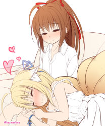 Rule 34 | 2girls, ahoge, animal ear fluff, animal ears, bare arms, bare shoulders, bell, blonde hair, blue ribbon, blush, brown hair, closed eyes, closed mouth, collarbone, collared shirt, commentary request, couch, dress, dress shirt, feet out of frame, fox ears, fox girl, hair between eyes, hair ribbon, half-closed eyes, haryuu (poetto), headpat, heart, highres, jingle bell, kitsune, lap pillow, long hair, lying, multiple girls, nose blush, on couch, on side, original, ponytail, red ribbon, ribbon, shirt, simple background, sitting, smile, strap slip, twitter username, very long hair, white background, white dress, white shirt