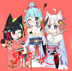 Rule 34 | 3girls, @ @, ahoge, animal, animal ear fluff, animal ears, animal on shoulder, bailingxiao jiu, bandaged arm, bandages, black gloves, black hair, blue eyes, blue hair, blue kimono, blush, bow, breasts, cleavage, collarbone, cropped torso, dragon horns, facepaint, fingerless gloves, food, fur collar, gloves, gourd, hair bow, heart, heart-shaped pupils, holding, holding food, horns, japanese clothes, kimono, leaf, leaf on head, long sleeves, mask, mask on head, medium breasts, multiple girls, nose blush, obi, off shoulder, one eye closed, open mouth, original, parted lips, purple theme, raccoon ears, red background, red eyes, red kimono, sash, silver hair, simple background, sleeves past wrists, striped, striped bow, symbol-shaped pupils, tanuki, translation request