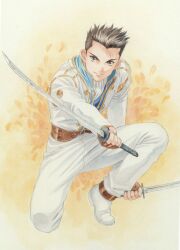 Rule 34 | 1boy, black hair, brown eyes, brown gloves, closed mouth, dual wielding, fighting stance, fingerless gloves, gloves, gold buttons, highres, holding, holding sword, holding weapon, jacket, katana, long sleeves, looking at viewer, male focus, matsubara hidenori, military, military uniform, nose, official art, on one knee, oogami ichirou, pants, parted lips, pocket, sakura taisen, sega, shadow, shoes, short hair, simple background, smile, solo, solo focus, spiked hair, sword, third-party source, traditional media, uniform, weapon, white footwear, white jacket, white pants, white sleeves, yellow background