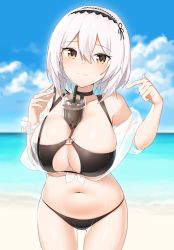 Rule 34 | 1girl, alternate costume, alternate eye color, azur lane, bad id, bad pixiv id, between breasts, bikini, black bikini, black choker, blue sky, blurry, blurry background, breasts, bubble tea, bubble tea challenge, choker, cleavage, closed mouth, cloud, cloudy sky, condensation, copiz, cup, day, disposable cup, drinking straw, foreshortening, front-tie top, hair between eyes, hair intakes, hairband, hands up, highres, huge breasts, lace-trimmed hairband, lace trim, legs apart, looking at viewer, navel, o-ring, o-ring bikini, o-ring top, ocean, off shoulder, outdoors, pointing, pointing at self, sand, scrunchie, see-through, shiny skin, shore, short hair, single bare shoulder, sirius (azur lane), sirius (scorching-hot seirios) (azur lane), skindentation, sky, smile, solo, standing, swimsuit, thighs, wet, wet clothes, wet hair, wet swimsuit, white hair, white scrunchie, wrist scrunchie, yellow eyes