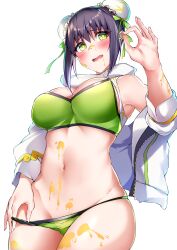 Rule 34 | 1girl, absurdres, bare shoulders, bikini, black hair, blush, breasts, bun cover, cleavage, double bun, fate/grand order, fate (series), green bikini, green eyes, green ribbon, hair bun, hair ribbon, highres, jacket, large breasts, len (hand linke), long sleeves, looking at viewer, navel, off shoulder, open clothes, open jacket, open mouth, paint splatter, qin liangyu (chainsaw of the dead) (fate), qin liangyu (fate), ribbon, sidelocks, solo, swimsuit, thighs, white jacket