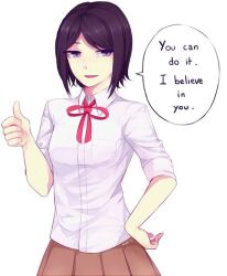Rule 34 | 1girl, black hair, bow, brown skirt, collared shirt, danganronpa: trigger happy havoc, danganronpa (series), english text, female focus, freckles, hand on own hip, hand up, ikusaba mukuro, kuri-s, looking at viewer, bowtie, neck ribbon, open mouth, pleated skirt, portrait, purple eyes, red bow, red ribbon, ribbon, shirt, signature, simple background, skirt, sleeves rolled up, smile, solo focus, speech bubble, standing, talking, thumbs up, white background, white shirt