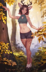 Rule 34 | 1girl, animal ear fluff, animal ears, antlers, autumn leaves, black shorts, breasts, brown eyes, brown hair, cleavage cutout, clothing cutout, crop top, deer antlers, deer ears, deer girl, deer tail, facing viewer, forest, furry, furry female, grass, green shirt, highres, hooves, horns, nature, navel, original, personal ami, shirt, short hair, shorts, sleeveless, sleeveless shirt, small breasts, smile, solo, tail, tree