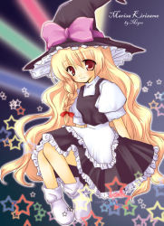 Rule 34 | 1girl, apron, artist name, black footwear, black hat, black skirt, black vest, blonde hair, bow, braid, character name, closed mouth, eyebrows, female focus, frilled apron, frills, full body, hair between eyes, hair bow, hat, hat bow, hat ribbon, kirisame marisa, long hair, looking at viewer, miyoochi, no shoes, pink bow, puffy short sleeves, puffy sleeves, red bow, red eyes, ribbon, shirt, shoes, short sleeves, sitting, skirt, smile, socks, solo, star (symbol), touhou, vest, waist apron, white apron, white bow, white shirt, white socks, witch hat