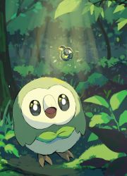 Rule 34 | alternate color, animal focus, bird, black eyes, bright pupils, commentary, creatures (company), day, forest, game freak, gen 7 pokemon, highres, kienai 11, leaf, light rays, looking up, nature, nintendo, no humans, open mouth, outdoors, owl, pokemon, pokemon (creature), rowlet, shiny pokemon, solo, tongue, tree, water drop, white pupils